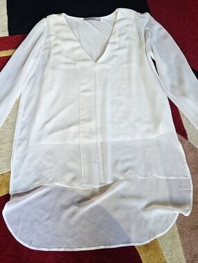 Marella White V-Neck Silky Sheer Longline Tunic Blouse Large